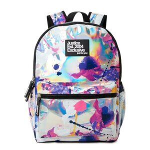 Justice Girls Laptop Backpack Iridescent Silver Pink Purple Splatter Bookbag NEW